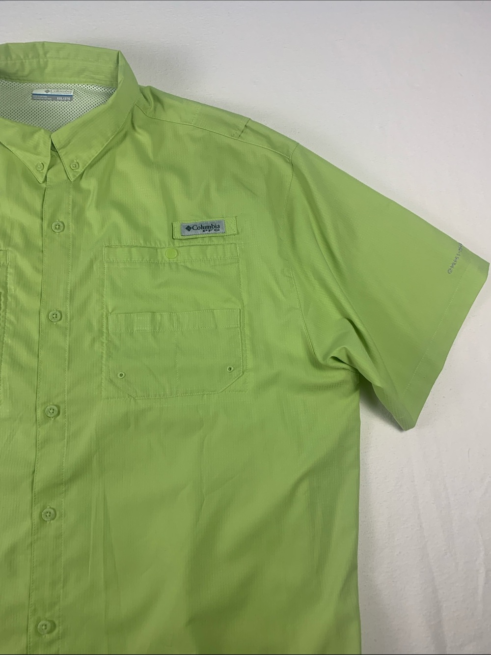 Columbia PFG Men XXL Short Sleeve Green Button Down Fishing Shirt GUC Omni-Shade